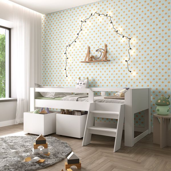 Cama Solteiro Infantil com Escada e 2 Baús Serena Yescasa Branco