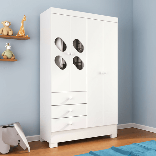 Guarda Roupa Infantil 4 Portas e 3 Gavetas Tic Tac Branco