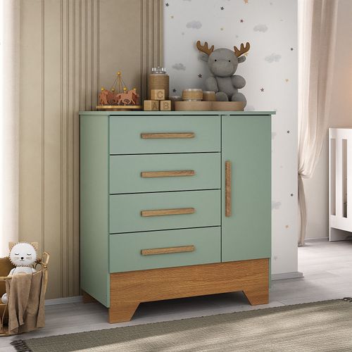 Cômoda Infantil 1 Porta e 4 Gavetas Tic Tac Verde Fosco/Nature