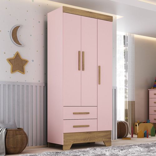 Guarda Roupa Infantil 3 Portas 2 Gavetas Rosa/Natural Tic Tac Espresso Móveis Rosa Fosco/Nature