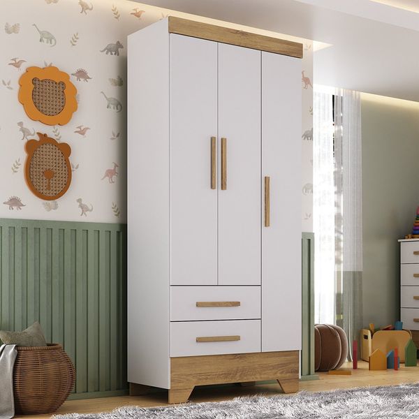 Guarda Roupa Infantil 3 Portas 2 Gavetas Branco/Natural Tic Tac Espresso Móveis Branco Fosco/Nature