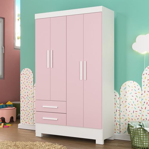 Guarda Roupa Infantil 4 Portas e 2 Gavetas Tic Tac Branco/Rosa