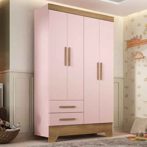 Guarda Roupa Infantil 4 Portas 2 Gavetas Rosa/Natural Tic Tac Espresso Móveis Rosa Fosco/Nature