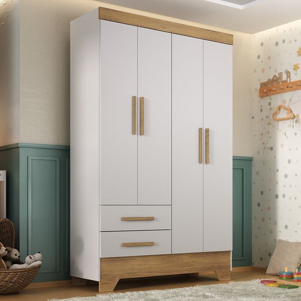 Guarda Roupa Infantil 4 Portas 2 Gavetas Branco/Natural Tic Tac Espresso Móveis Branco Fosco/Nature