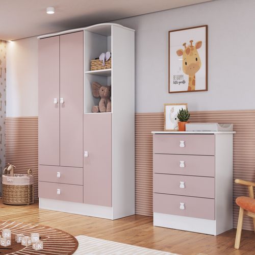 Quarto de Bebê Completo com Guarda-Roupa e Cômoda Arco-Íris Branco/Rosa