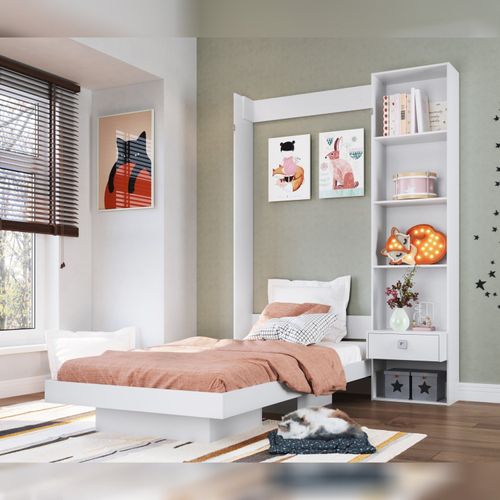 Cama Articulável Vertical Solteiro com Estante Vancouver Branco
