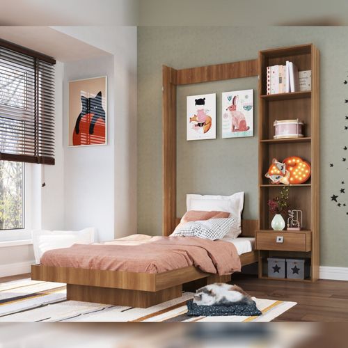 Cama Articulável Vertical Solteiro com Estante Vancouver Nogal