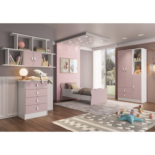Quarto Infantil Completo Docinho com Guarda-Roupa, Cômoda, Mini Cama e Nicho Espresso Móveis Branco/Rosa