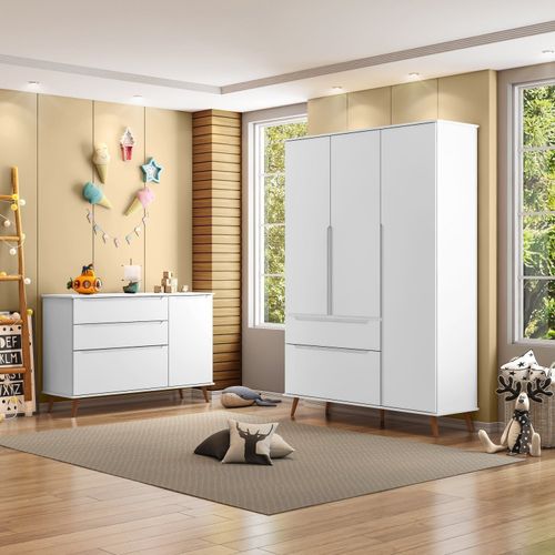 Jogo de Quarto Para Bebê Completo Melinda com Roupeiro e Cômoda Branco