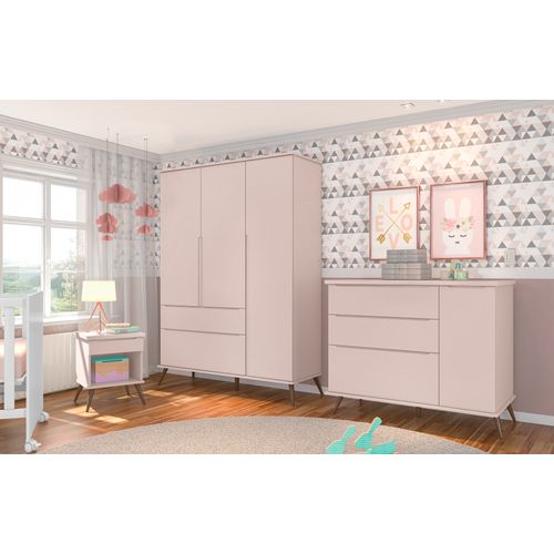 Jogo de Quarto Para Bebê Completo Melinda com Roupeiro e Cômoda Rose