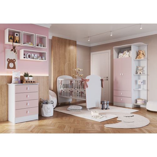 Quarto de Bebê Fofura, com Guarda-Roupa, Cômoda e Berço Móveis Percasa Branco/Rosa
