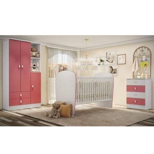 Quarto de Bebê Completo Pimpolho com Guarda-Roupa 3 Portas, Cômoda e Berço Espresso Móveis Branco/Rosa