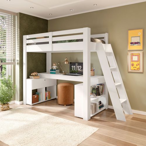 Cama Office Star Light com Escada Inclinada Casatema Branco