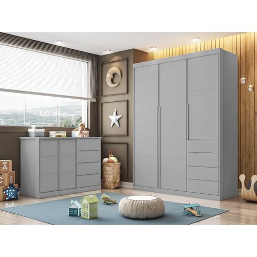 Quarto Infantil Completo Roupeiro e Cômoda 4 Gavetas Pérola Cinza