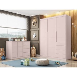 um quarto de criança com guarda-roupa rosa, cômoda e espelho