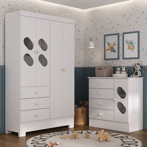 Quarto Infantil / Juvenil com Guarda Roupa e Cômoda Stella Branco