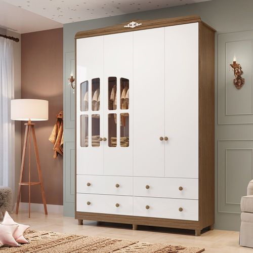 Guarda Roupa de Bebê 4 Portas com Janela 4 Gavetas Maya Clássico Espresso Móveis Branco/Carvalho
