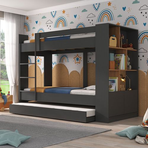 Treliche Infantil/Juvenil com Estante 2 Portas 6 Nichos Oliver Grafite/Nogal