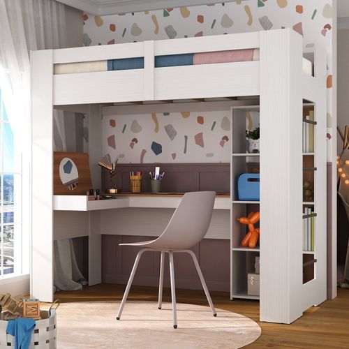 Cama Alta Infantil/juvenil Multifuncional com Escrivaninha Penteadeira Agatha Branco/Nogal