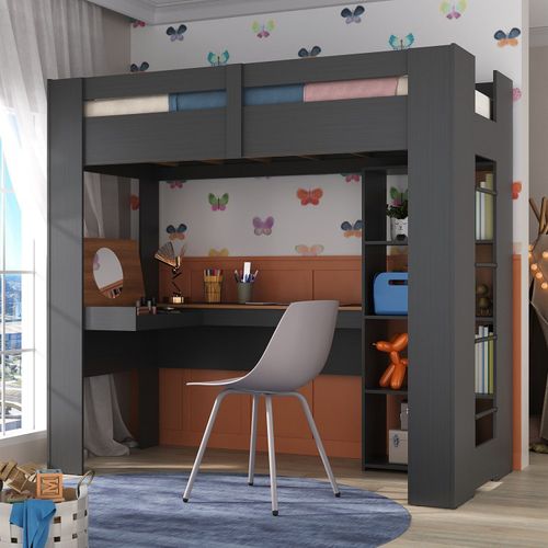 Cama Alta Infantil/juvenil Multifuncional com Escrivaninha Penteadeira Agatha Yescasa Grafite/Nogal
