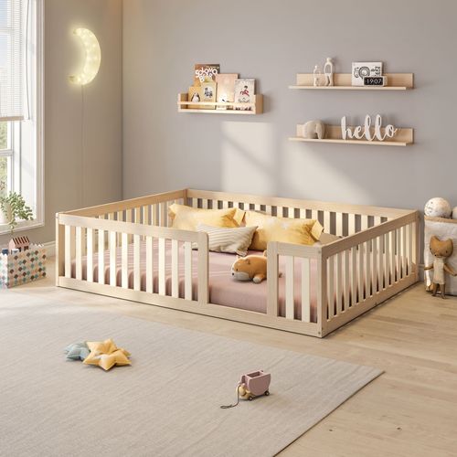 Cama Montessoriana Casal Giulia Madeira Maciça com Grade Natural - Casatema