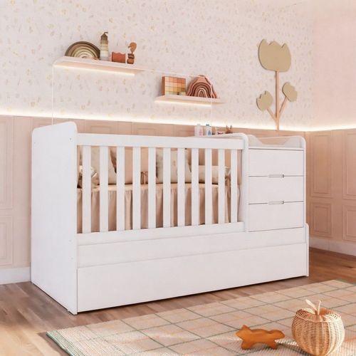 Berço Multifuncional Americano Bicama Gaveteiro Cléo 100% MDF Branco Fosco