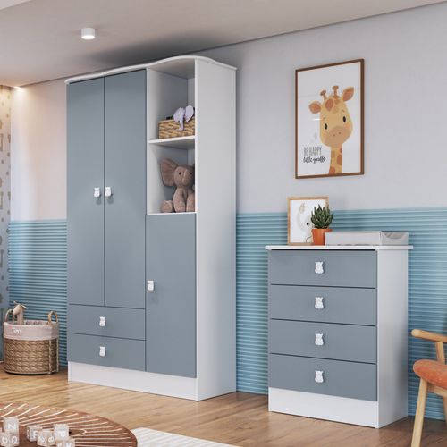 Quarto de Bebê com Guarda-Roupa e Cômoda Arco-Íris Branco/Azul