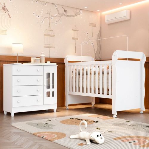 Conjunto Quarto Bebê Berço 3 em 1 Mirelle Cômoda 4 Gavetas 1 Porta 100% MDF Branco
