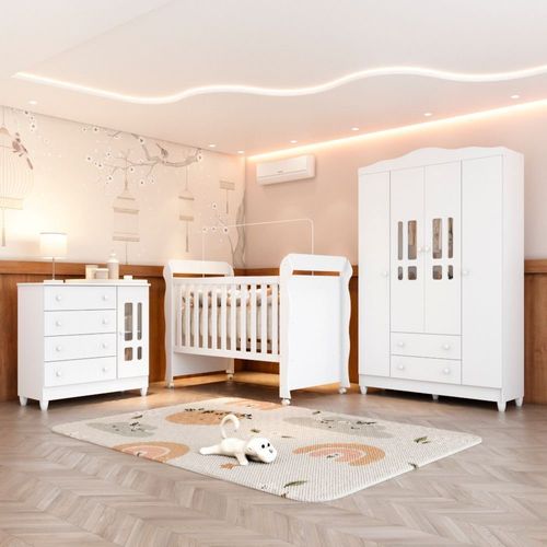 Quarto Bebê Completo Berço 3 em 1 Mirelle Guarda Roupa 4 Portas Cômoda 4 Gavetas 1 Porta MDF Branco