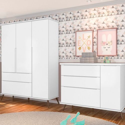 Quarto Infantil com Guarda Roupa 3 Portas 2 Gavetas e Cômoda 3 Gavetas 1 Porta Melinda Branco Acetinado