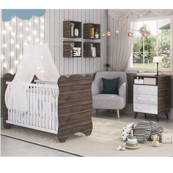 Quarto de Bebê Completo com 1 Berço 1 Comoda Panda Carvalho/Branco
