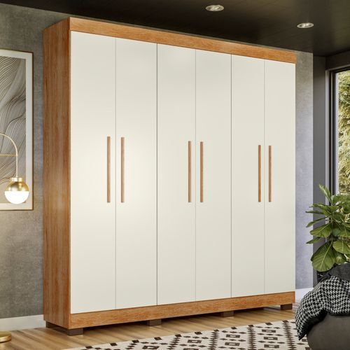 Guarda Roupa Solteiro 6 Portas 4 Gavetas Flórida 100% MDF Amadeirado/Off White