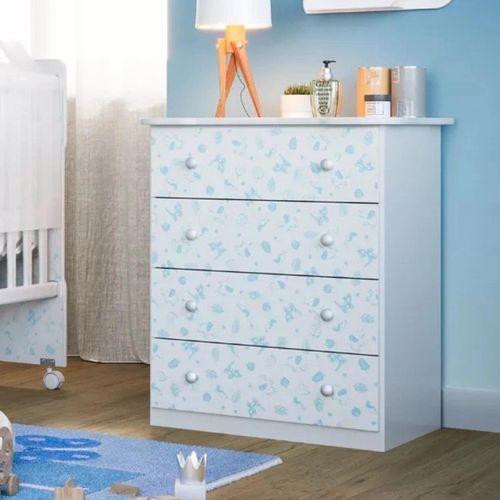 Cômoda Infantil 4 Gavetas New Baby Batrol Móveis Branco/Bicolor Gravuras Rosa/Gravuras Azul