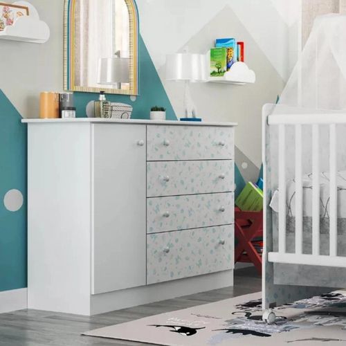 Cômoda Infantil New Baby 1 Porta 4 Gavetas Batrol Móveis Branco/Gravuras Azul/Rosa