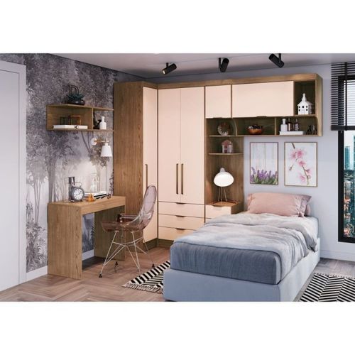 Guarda Roupa Modulado 6 Peças 6 Portas 4 Gavetas com Escrivaninha Juvenil Infinity Móveis Castro Macadâmia/Blush Line