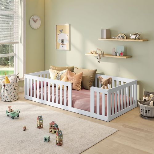 Cama Montessoriana Solteiro em Mdf e Madeira com Grade Giulia Casatema Branco