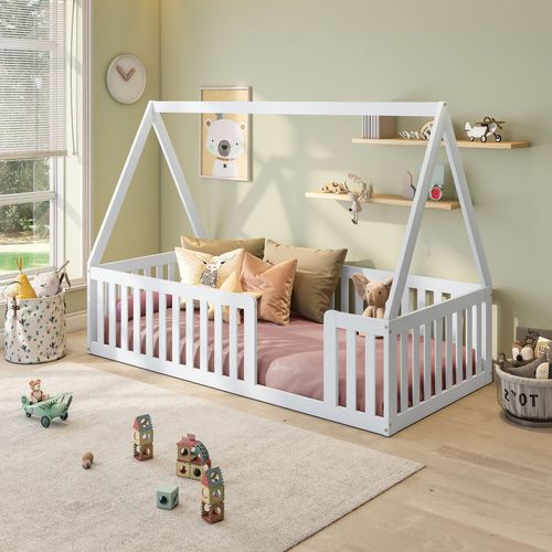Cama Montessoriana Solteiro Com Grade e Telhado Giulia Casatema Branco