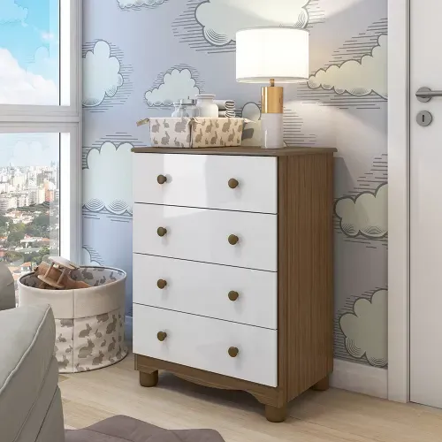 Cômoda Infantil 4 Gavetas 100% MDF Mimo Espresso Móveis Branco Brilho/Carvalho