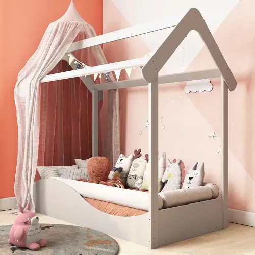 Mini Cama Infantil Montessori Casinha em MDF Uli Móveis Peroba Branco Brilho