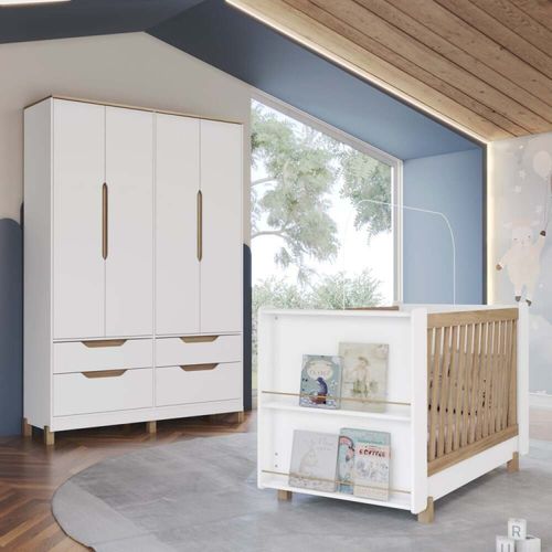 Quarto de Bebê Retro Completo Berço e Guarda Roupa 100% Mdf Zara Branco HP/Nature