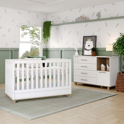 Quarto de Bebê Compacto Retrô Berço 100% Mdf e Cômoda 4 Gavetas e 1 Porta Zoe Yescasa Branco HP/Jequitibá HP