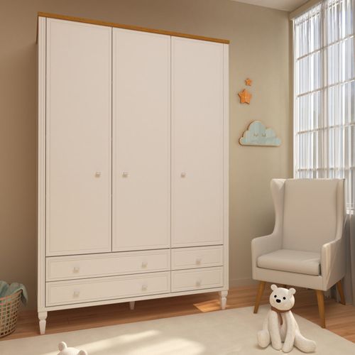 Guarda Roupa Infantil 3 Portas 4 Gavetas MDF Tudor Branco/Mel