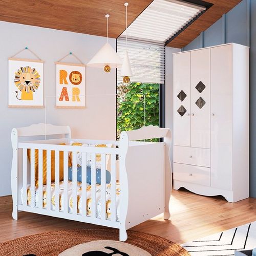 Quarto de Bebê Guarda Roupa com Janelas Losango e Berço Americano Cocada Yescasa Branco Brilho