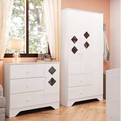 Quarto Infantil com Guarda Roupa e Cômoda com Janelas Losango Cocada Yescasa Branco Brilho
