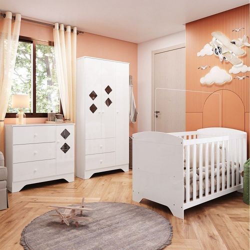 Quarto de Bebê Guarda Roupa Cômoda com Janelas Losango e Berço Americano Ayla Espresso Móveis Branco Brilho