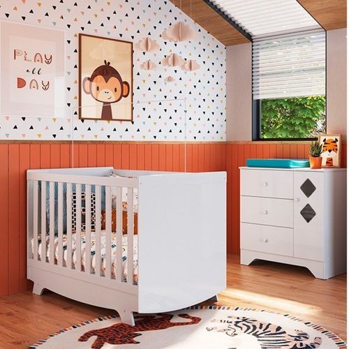 Quarto de Bebê Cômoda com Janelas Losango e Berço Americano Kakau Retrô Espresso Móveis Branco Brilho