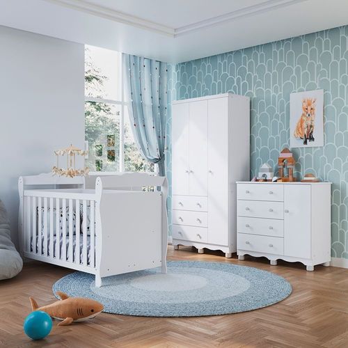 Quarto de Bebê Completo Berço 3 em 1, Guarda-roupa 3 Portas e Cômoda 100% MDF Nina Espresso Móveis Branco Brilho