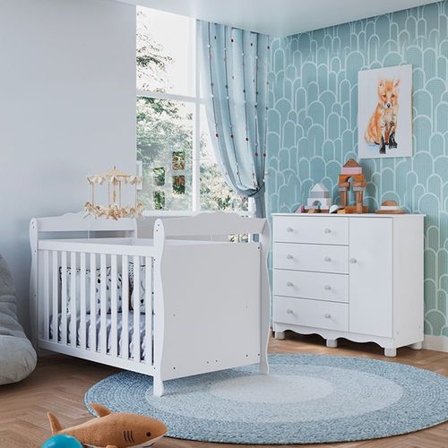 Quarto de Bebê com Cômoda 1 Porta e Berço Minicama 100% MDF Nina Espresso Móveis Branco Brilho