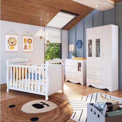 Quarto de Bebê Guarda Roupa Cômoda com Janelas Retângulo e Berço Americano Cocada Espresso Móveis Branco Brilho