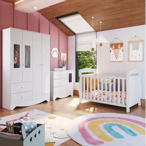 Quarto de Bebê Cômoda Guarda Roupa com Janelas Retângulo e Berço Americano Cocada Espresso Móveis Branco Brilho